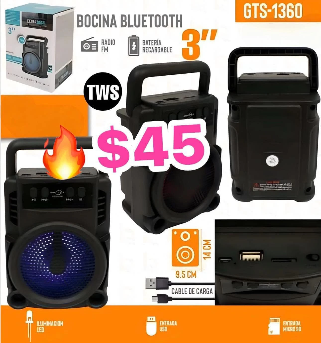 🔥BOCINA BLUETOOTH SD FM RECARGABLE🔥 GTS-1360