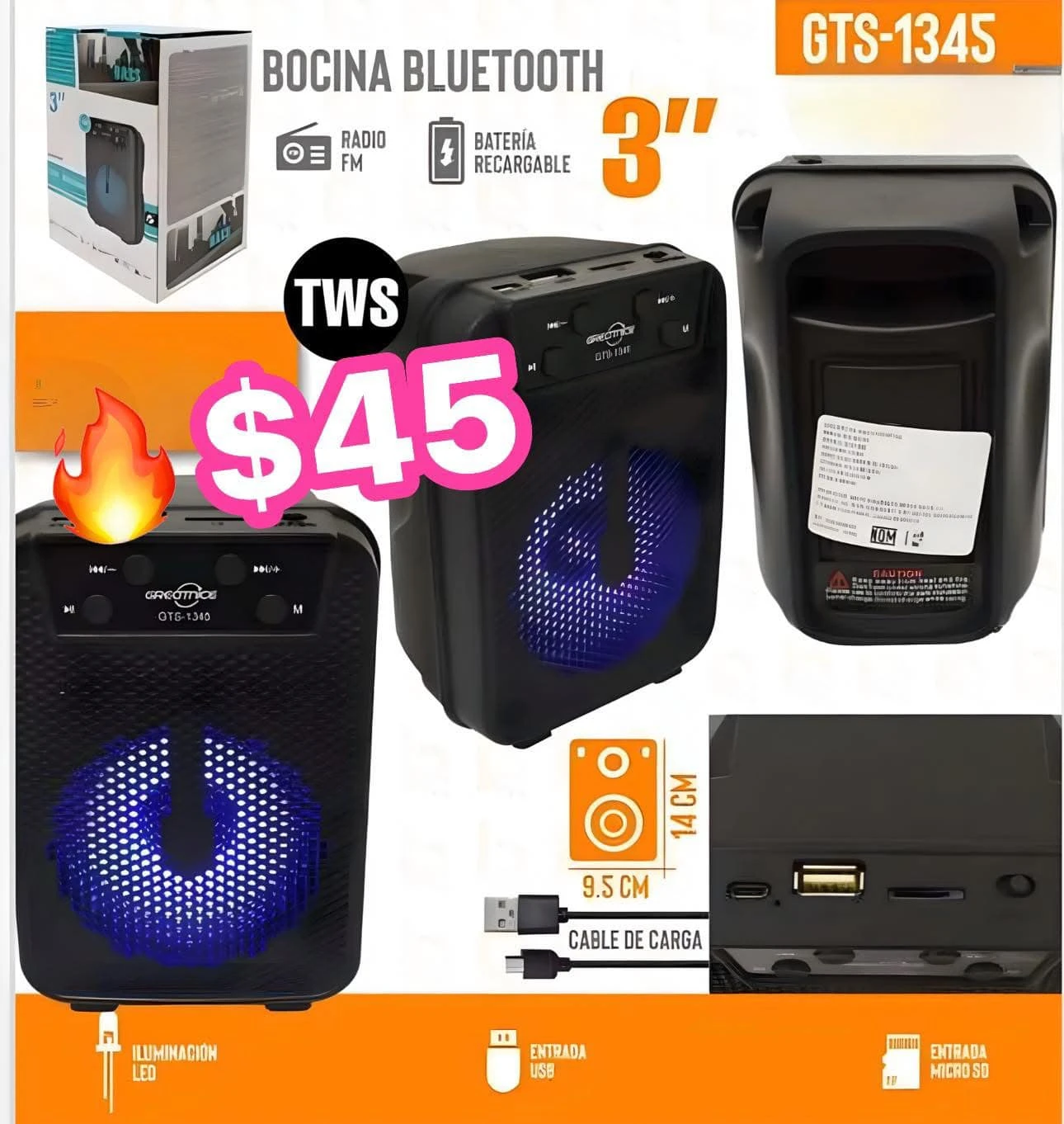 1345🔥BOCINA BLUETOOTH SD FM RECARGABLE🔥1345